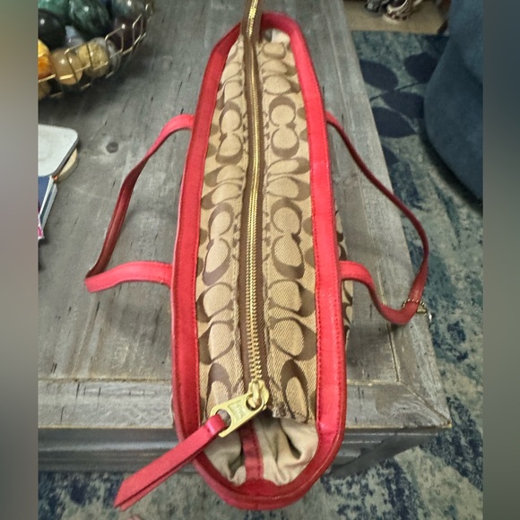 Coach 23465 Signature Canvas Weekend Zip Top Tote Bag Purse Handbag Red Khaki - Picture 14 of 16